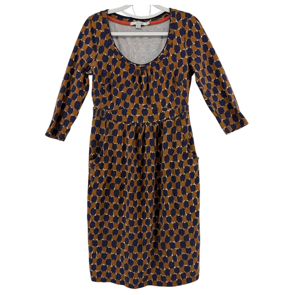 Boden Womens Blue Brown Abstract Geometric Jersey Dress 3/4 Sleeve Size US 8L